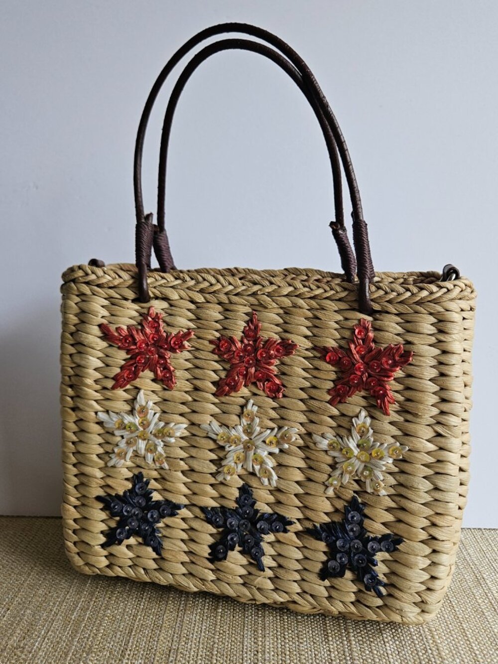 Sonoma Straw Handbag Red White Blue Stars Woven Patriotic Crossbody Purse - Picture 12 of 15